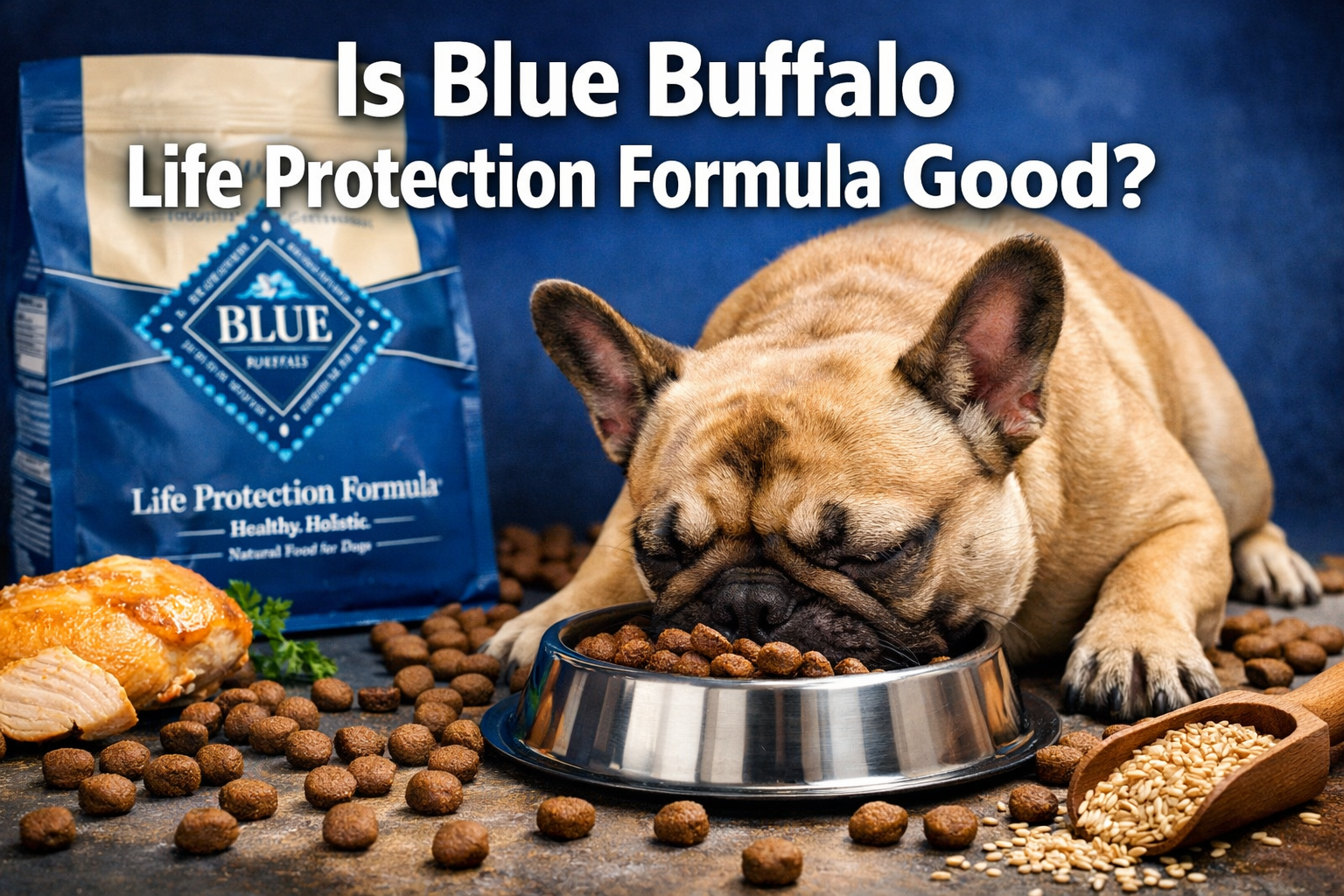 Professional landscape format (1536x1024) hero image with bold text overlay 'Is Blue Buffalo Life Protection Formula Good?' in extra large 7