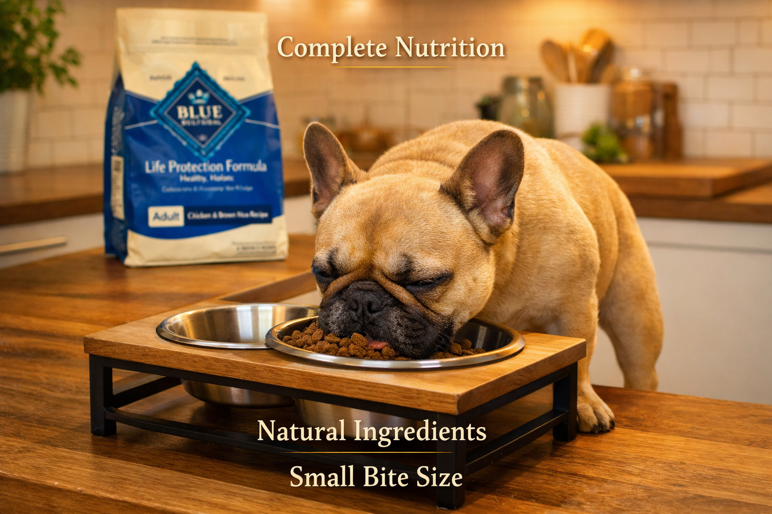 Portrait format (1024x1536) lifestyle image of happy French Bulldog eating Blue Buffalo Life Protection Formula from elevated feeding statio