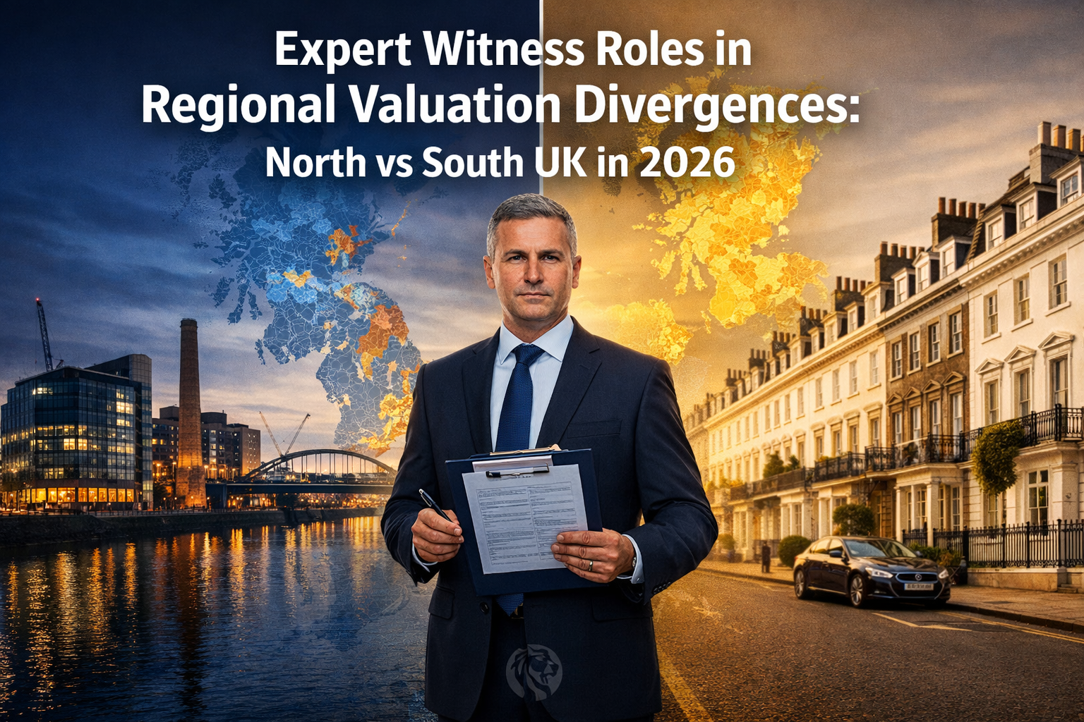 Professional () hero image featuring 'Expert Witness Roles in Regional Valuation Divergences: North vs South UK in 2026' in