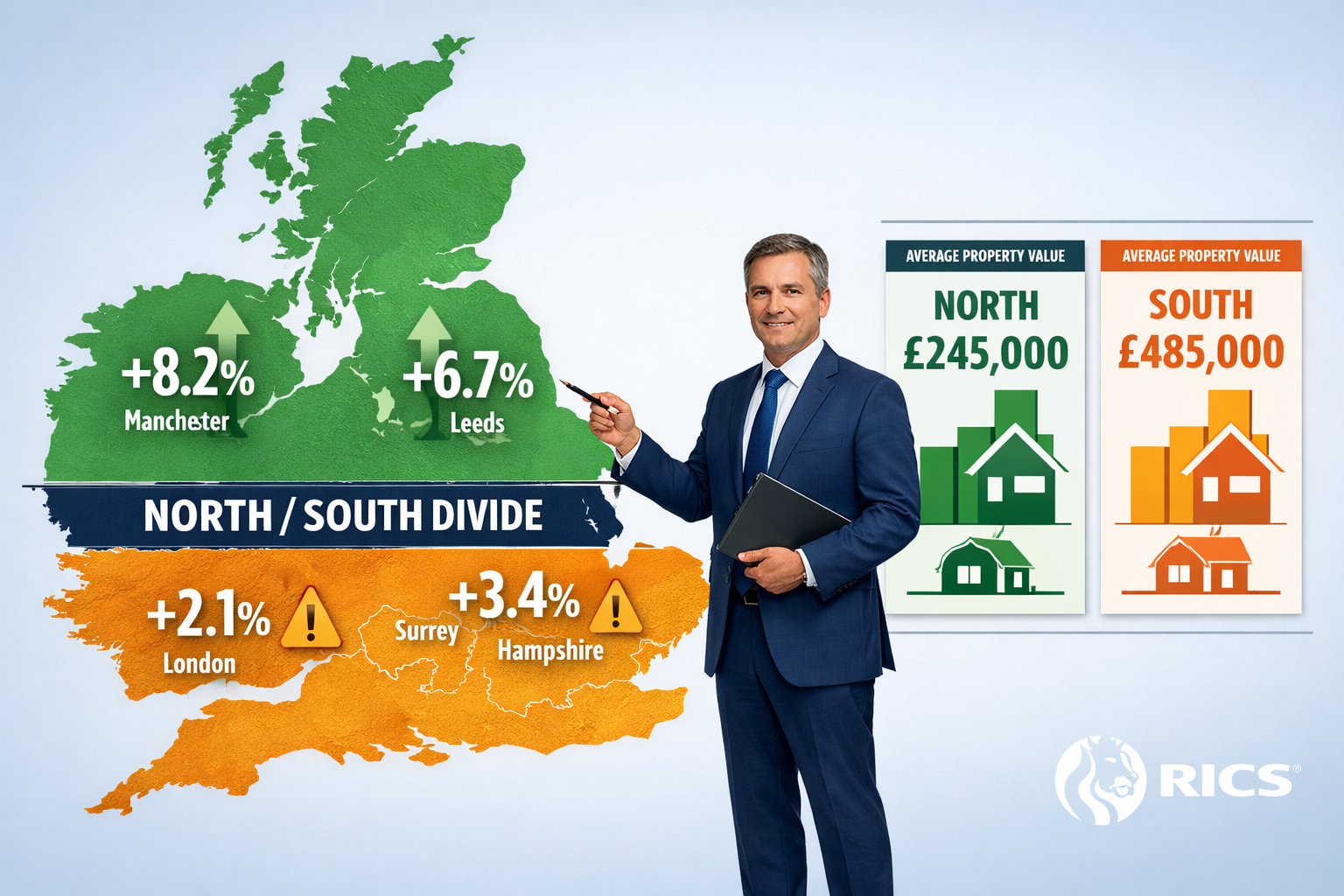 () detailed infographic showing UK map with clear North-South divide marked by horizontal line across England. Northern
