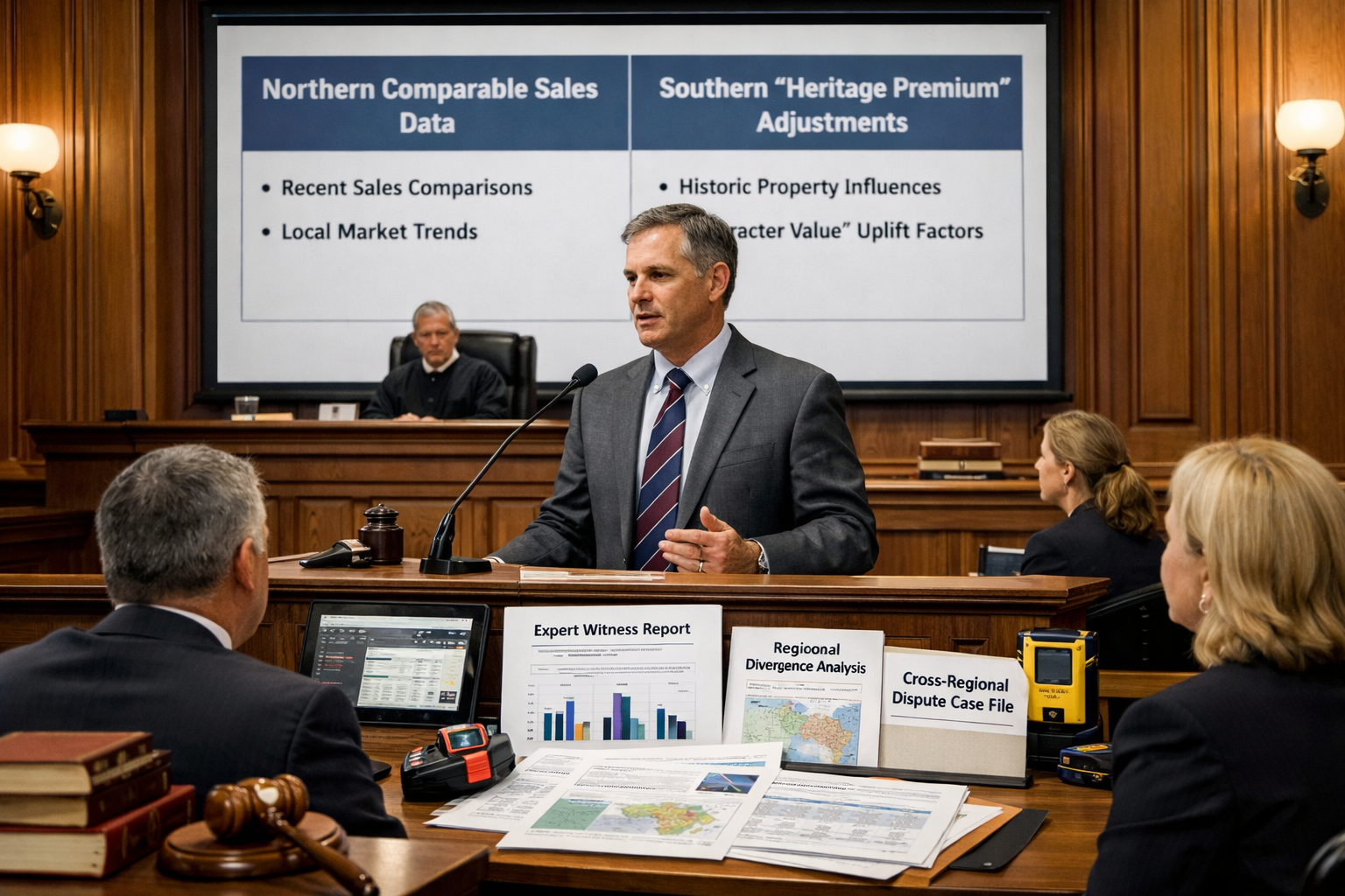 () courtroom or professional hearing room scene showing expert witness testimony setup. Central focus on RICS-qualified