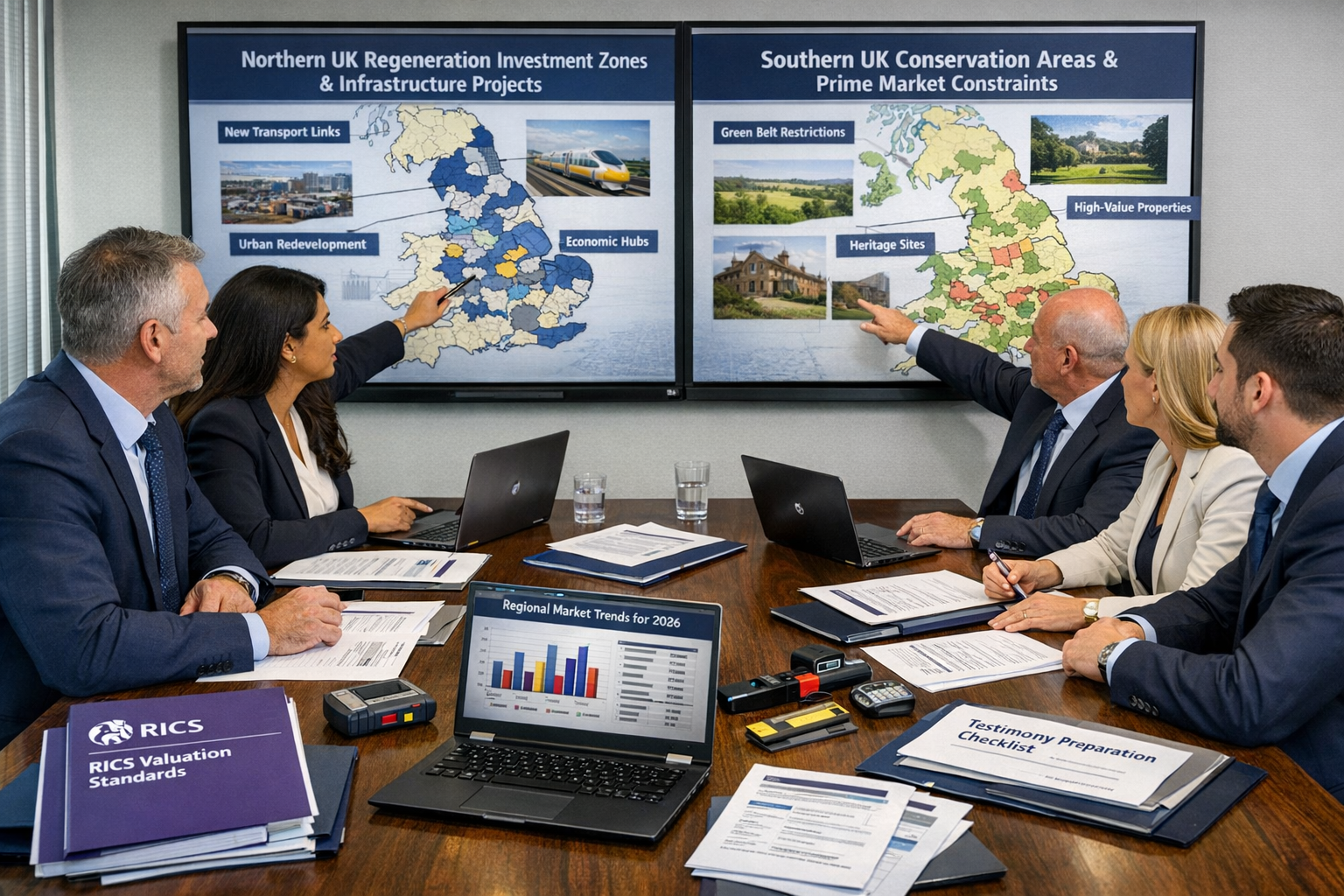 () professional training or strategy session scene showing expert witnesses and surveyors collaborating around conference