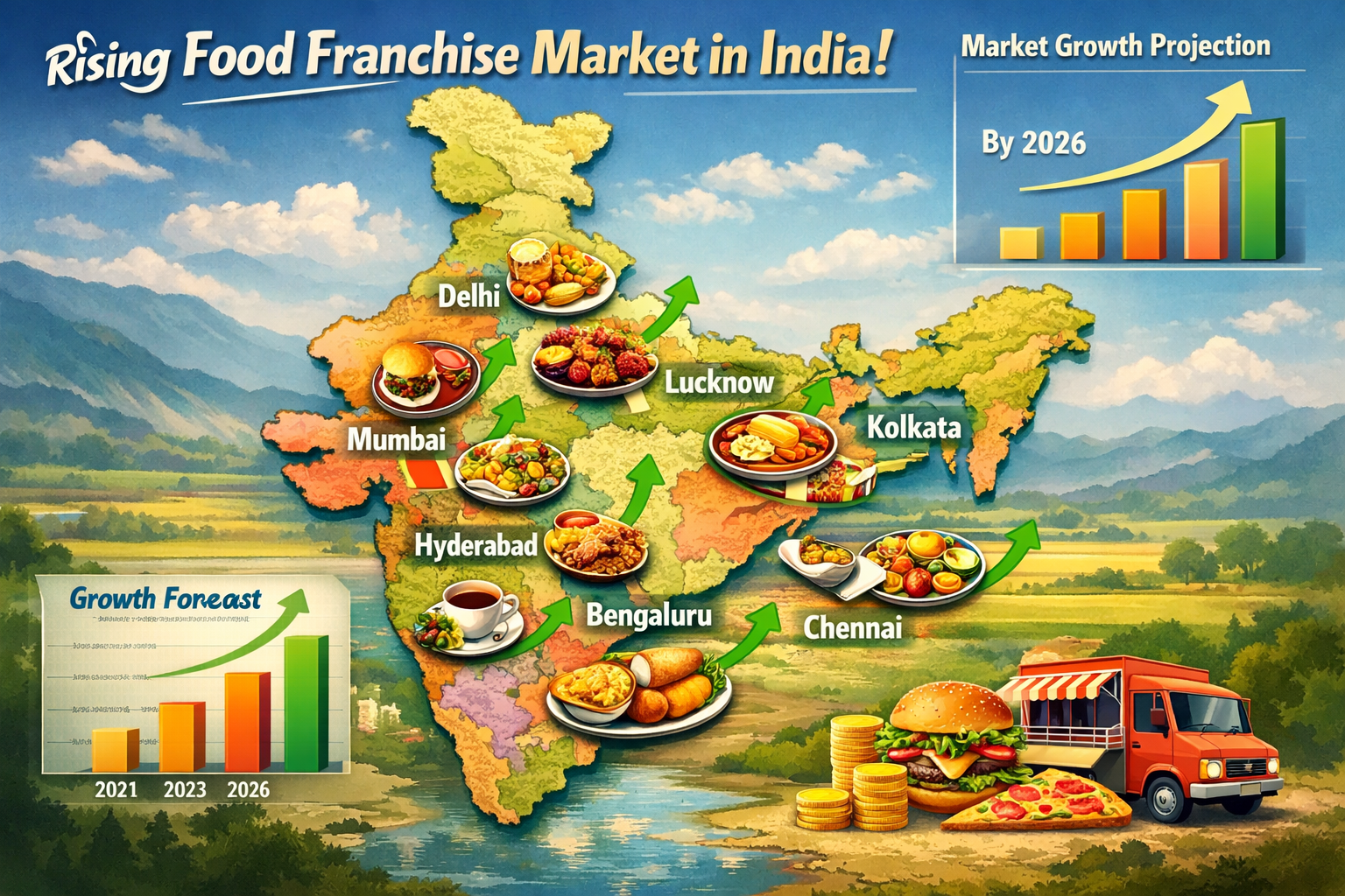 A vibrant, editorial-quality landscape image (1536x1024) showcasing a map of India with major cities highlighted, overlaid with small icons 