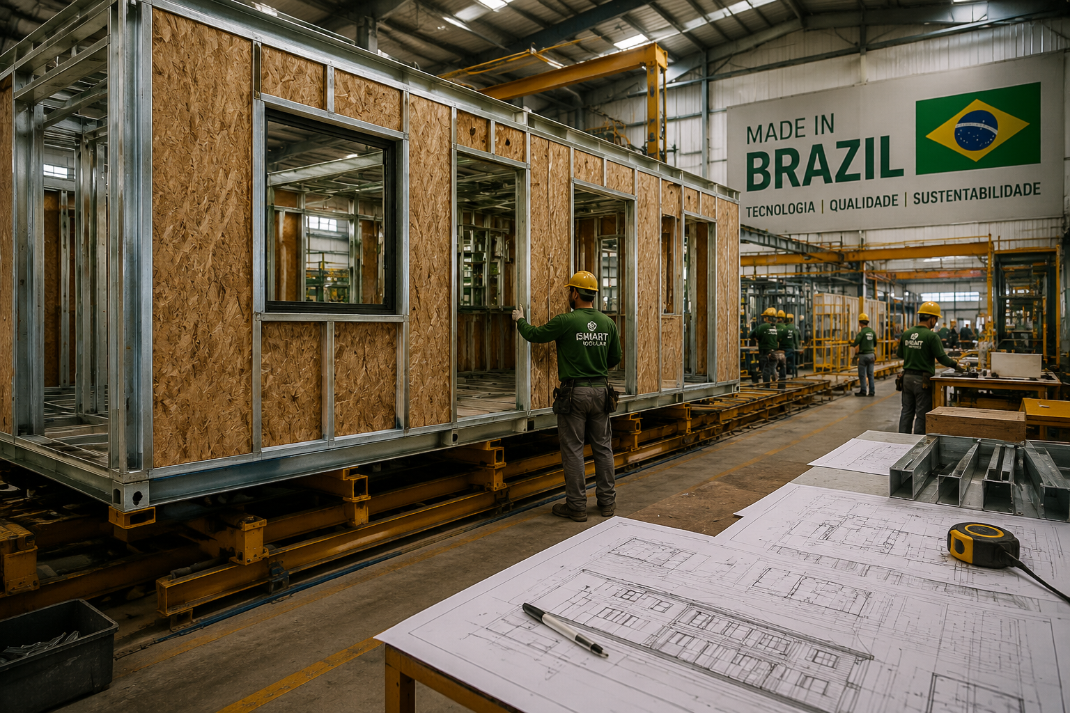Wide-angle ground-level photograph of a Brazilian modular housing factory floor showing steel-framed prefabricated wall
