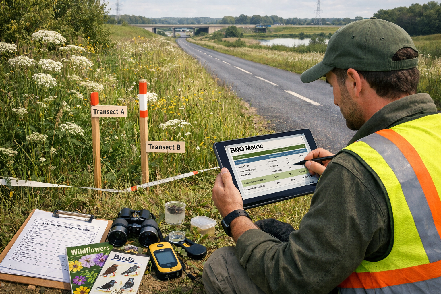 () detailed illustration showing ecologist conducting biodiversity survey beside rural road, wearing high-visibility vest