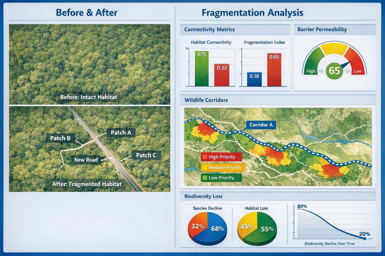 () technical infographic displaying habitat fragmentation analysis framework with split-screen composition. Left side shows