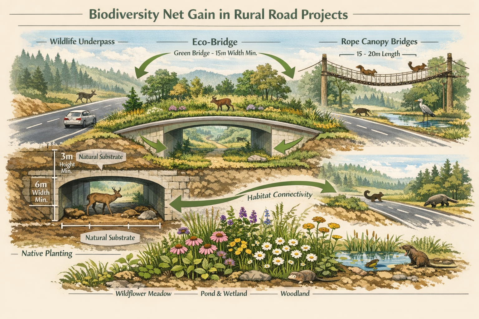 () conceptual illustration of biodiversity net gain mitigation strategies for rural road projects. Show cross-section view