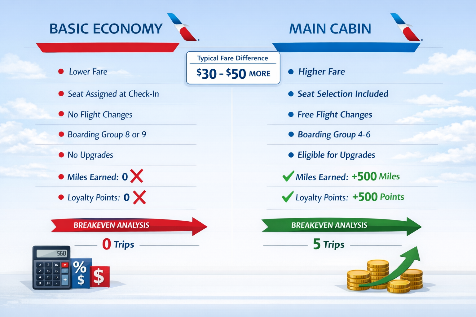 Detailed infographic-style landscape image (1536x1024) showing side-by-side comparison chart of American Airlines Basic Economy versus Main 