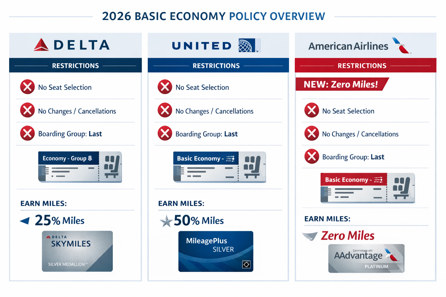 Professional landscape editorial image (1536x1024) depicting three-way comparison grid of Delta, United, and American Airlines basic economy
