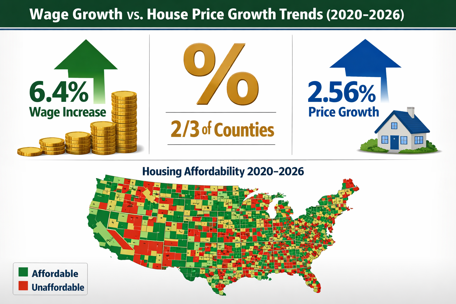 () detailed infographic showing side-by-side comparison of wage growth versus house price growth trends from 2020-2026. Left