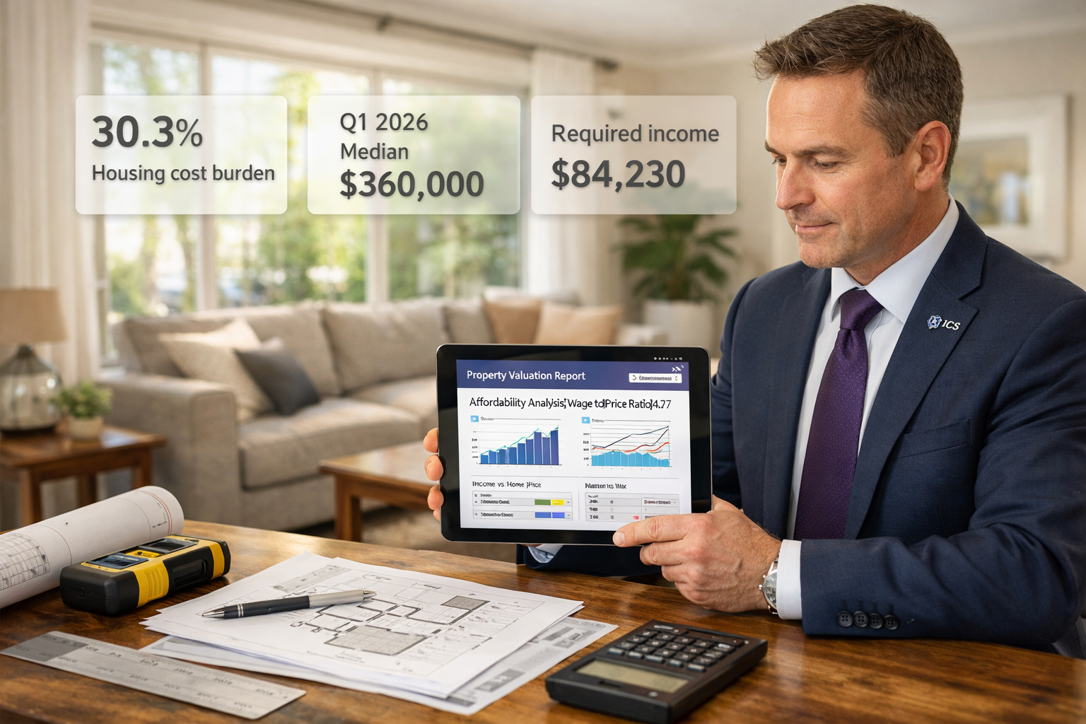 () professional scene showing RICS chartered surveyor conducting property valuation assessment in modern residential home.