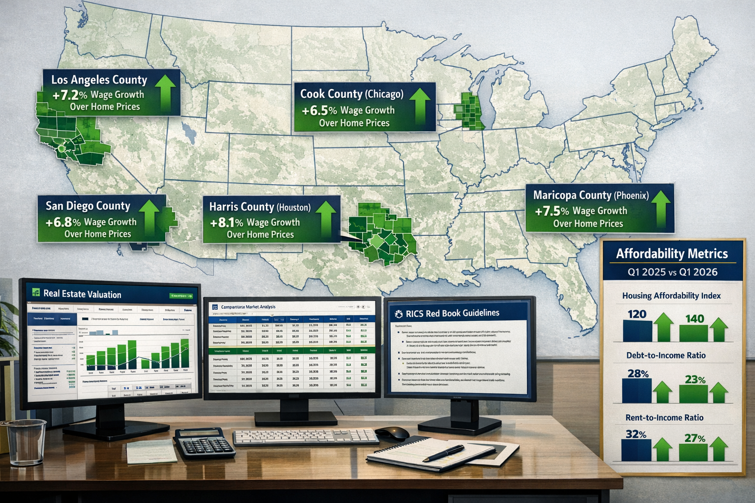 () detailed visualization of geographic affordability improvements across major US metropolitan areas. Large map showing