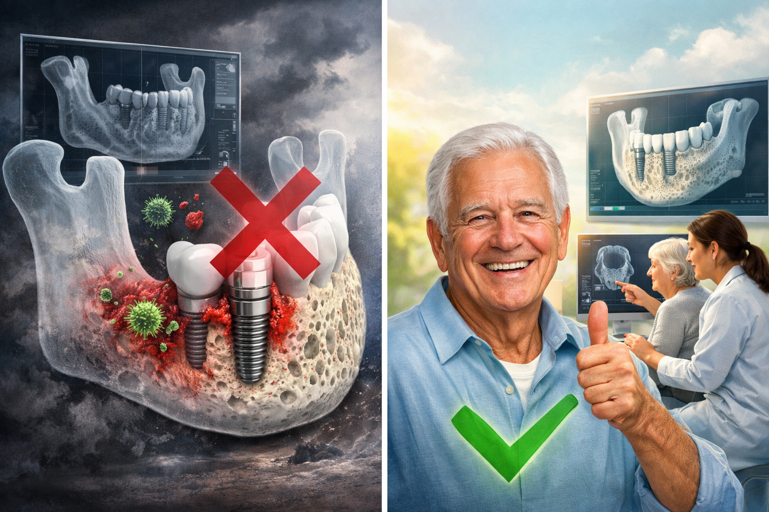 Landscape format (1536x1024) image depicting the concept of risks and success factors for dental implants in seniors. One side shows a visua