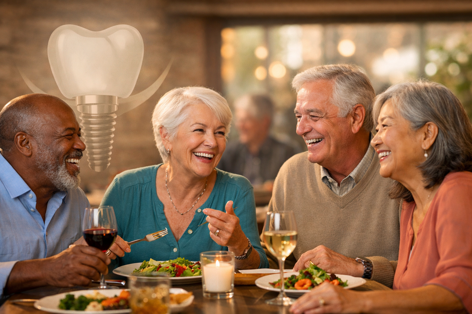 Landscape format (1536x1024) image showcasing a heartwarming success story related to senior dental implants in Dallas. The image features a