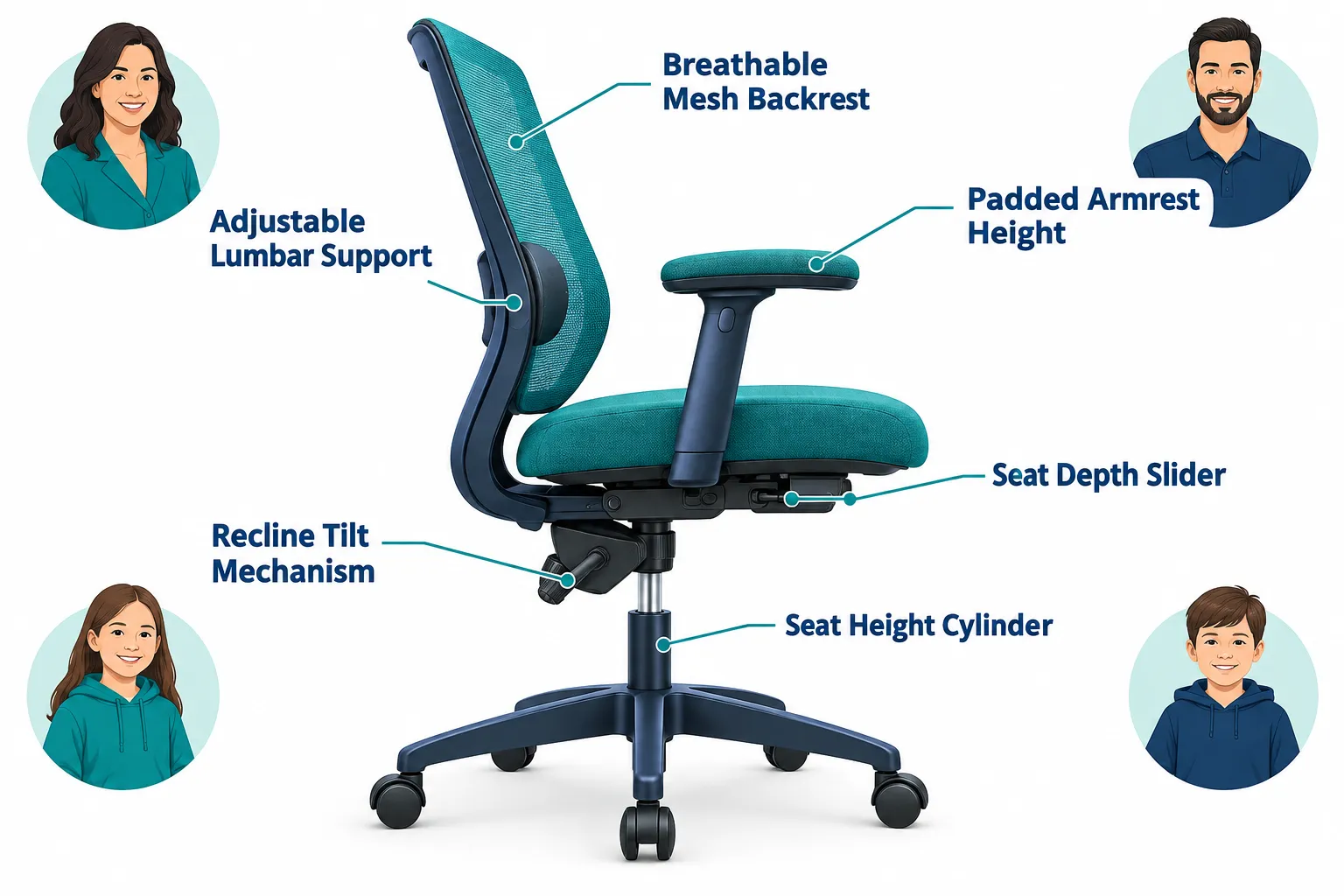 Annotated anatomy diagram (landscape 1536x1024) of an ergonomic office chair in side-profile view on a clean white background. Thin callout lines point to six labeled parts: 'Adjustable Lumbar Support', 'Breathable Mesh Backrest', 'Seat Height Cylinder', 'Seat Depth Slider', 'Recline Tilt Mechanism', and 'Padded Armrest Height'. Each label is 1-5 words in bold navy text, non-overlapping, inside a 5% safe margin. Teal and navy color palette, clean clinical-guide illustration style, editorial quality, educational infographic feel. What Causes Back Pain From Office Chairs