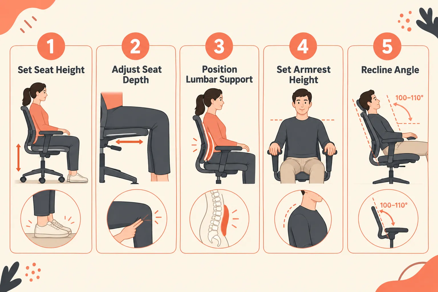 Numbered step-by-step process flow diagram (landscape 1536x1024) showing five steps for adjusting an office chair to reduce back pain, warm cream background with coral and charcoal accents. Step 1: 'Set Seat Height' with small illustration of feet flat on floor. Step 2: 'Adjust Seat Depth' with illustration of two-finger gap behind knee. Step 3: 'Position Lumbar Support' with illustration of curve at lower spine. Step 4: 'Set Armrest Height' with illustration of relaxed shoulders. Step 5: 'Recline Angle' with illustration of 100-110 degree back angle. Each step in a rounded card with a number badge, short caption below, clean editorial diagram style, no full sentences as image text. How to Adjust Your Office Chair to Reduce Back Pain