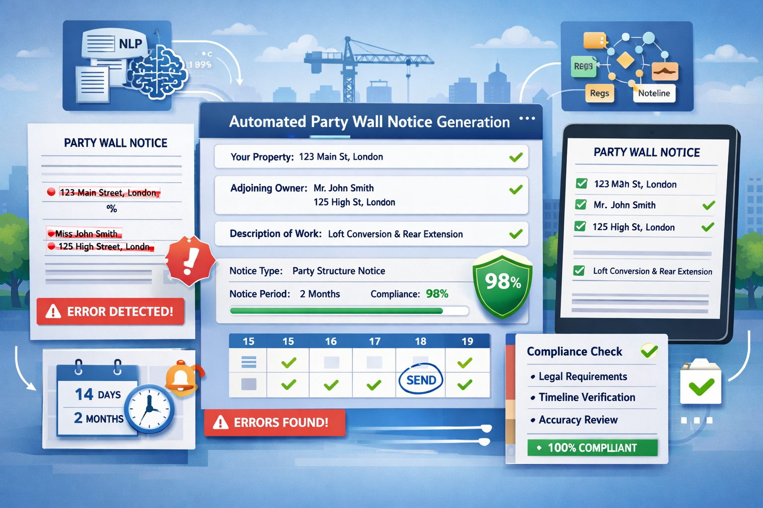 Landscape format (1536x1024) detailed illustration showing AI-powered document automation workflow for party wall notices. Central dashboard
