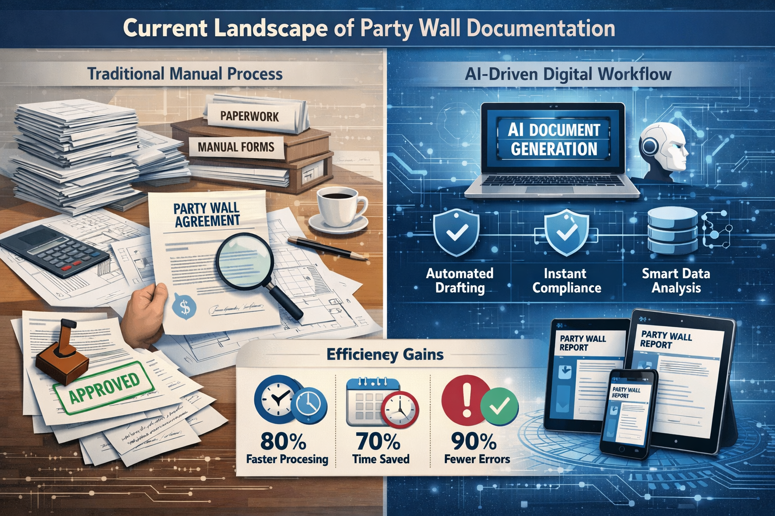 A comprehensive split-screen infographic depicting the 'Current Landscape of Party Wall Documentation' with left side showing traditional ma