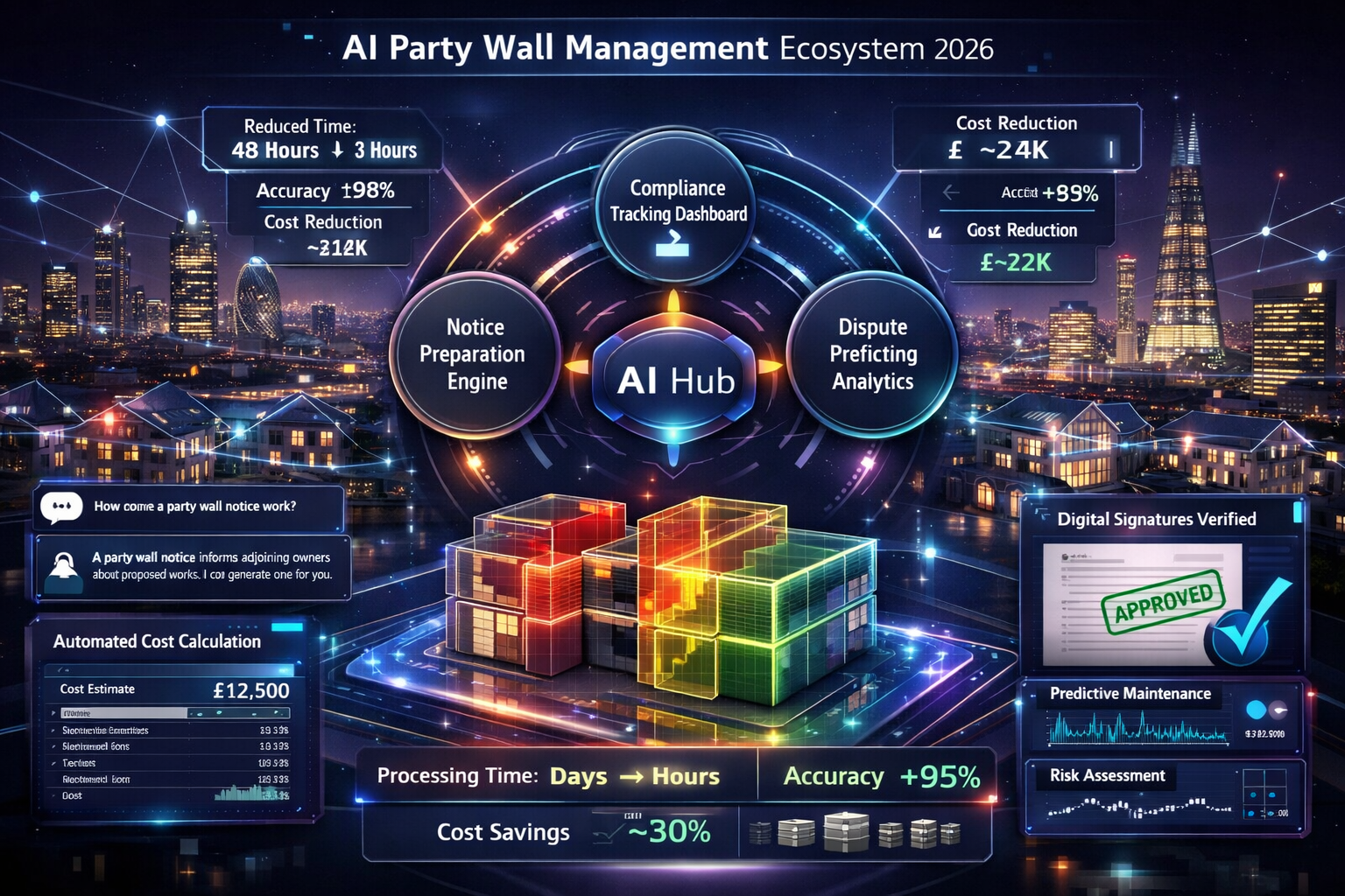 Landscape format (1536x1024) futuristic visualization of integrated AI party wall management ecosystem in 2026. Central hub showing intercon