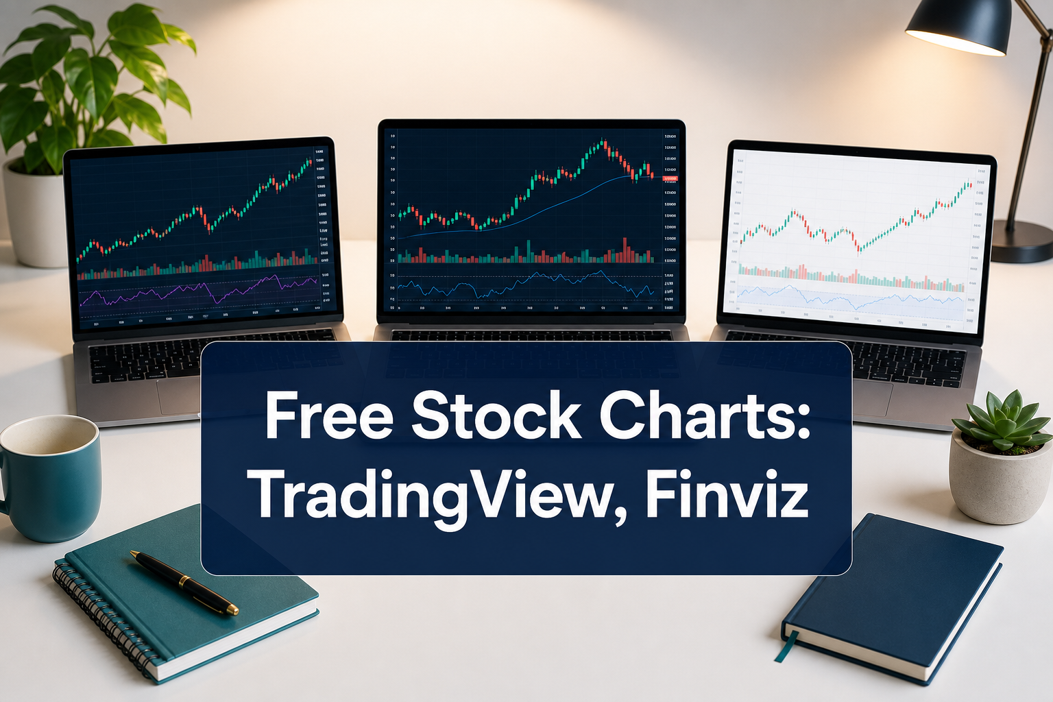 Professional () hero image with 'Free Stock Charts: TradingView, Finviz' in crisp white on a deep navy semi-transparent