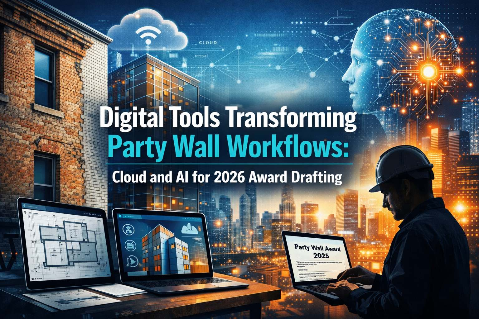 Professional landscape hero image () with : "Digital Tools Transforming Party Wall Workflows: Cloud and AI for 2026 Award