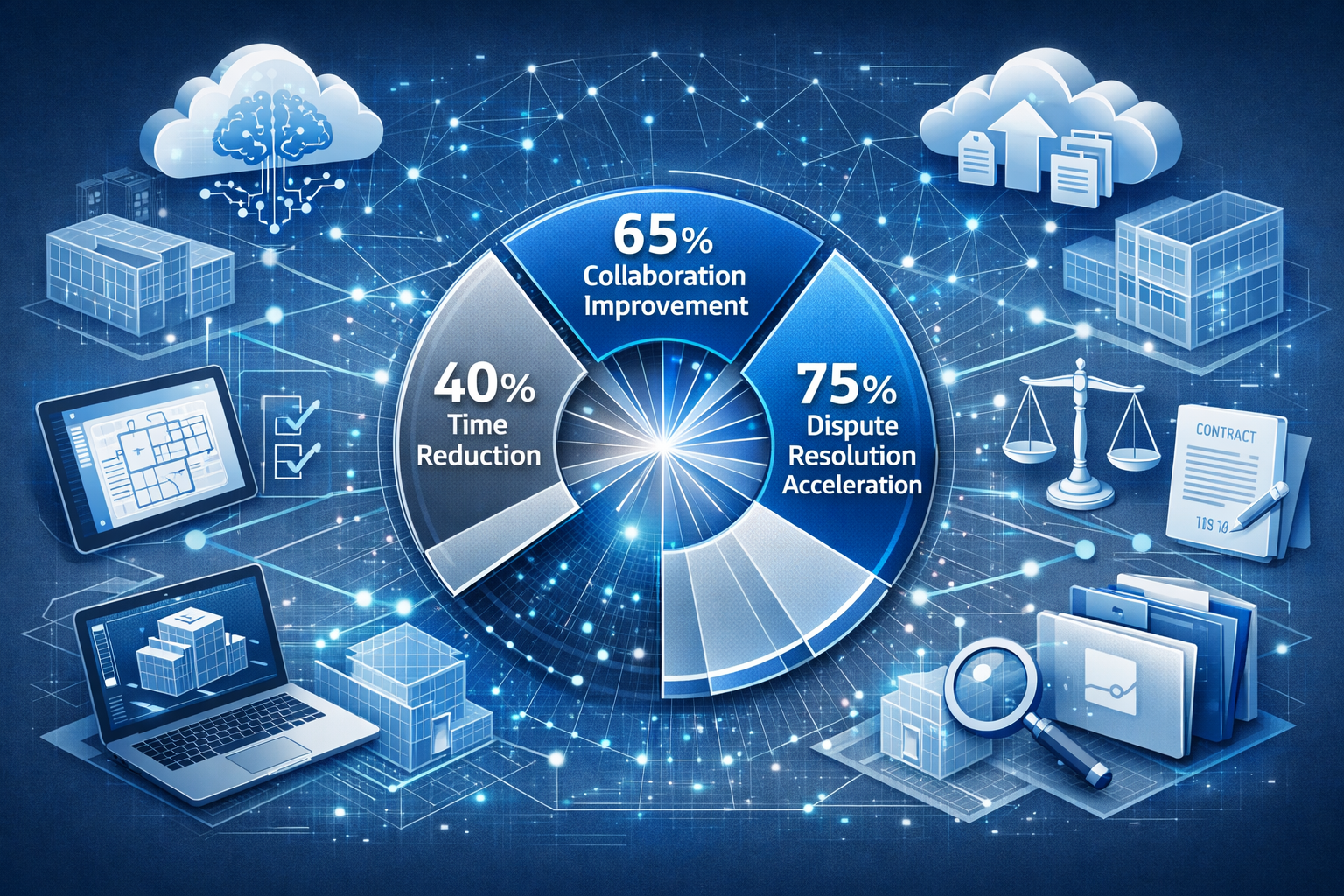 Key Takeaways section visual: Isometric digital infographic showcasing party wall technology transformation, featuring