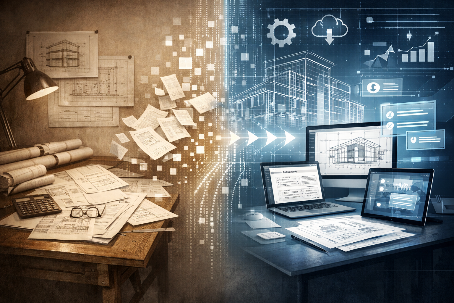 Evolution of Party Wall Workflows section: Split-screen visual narrative comparing traditional paper-based workflow versus