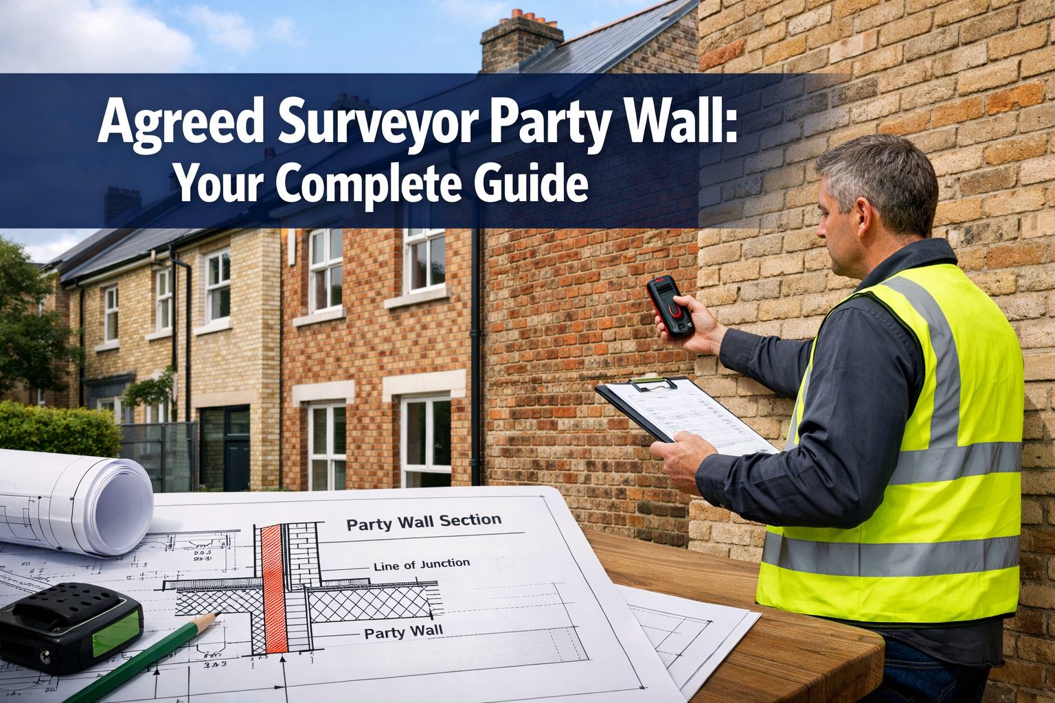 Professional landscape hero image (1536x1024) featuring bold text overlay 'Agreed Surveyor Party Wall: Your Complete Guide' in extra large 7