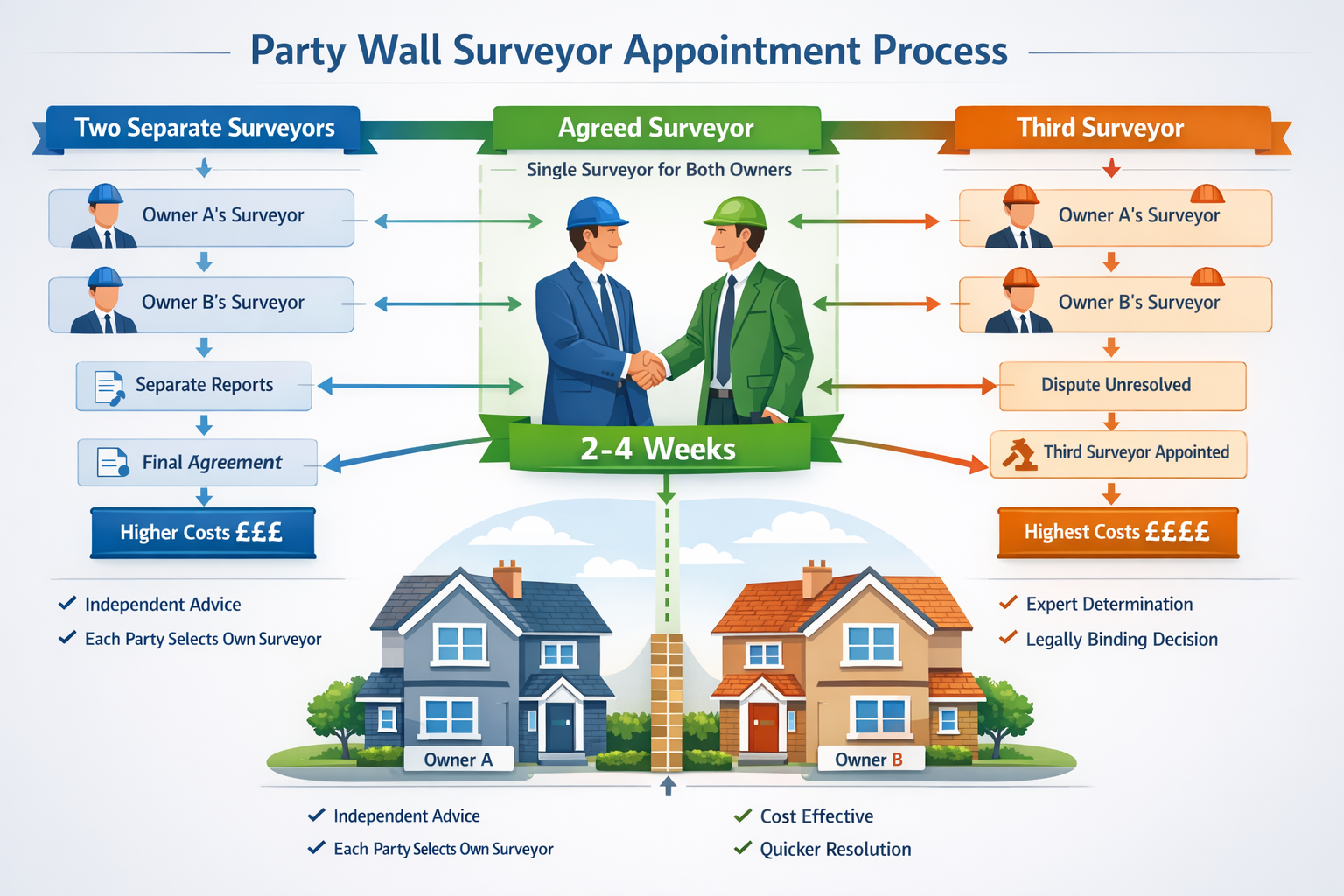 Detailed landscape infographic (1536x1024) illustrating the party wall surveyor appointment process with three distinct pathways: agreed sur