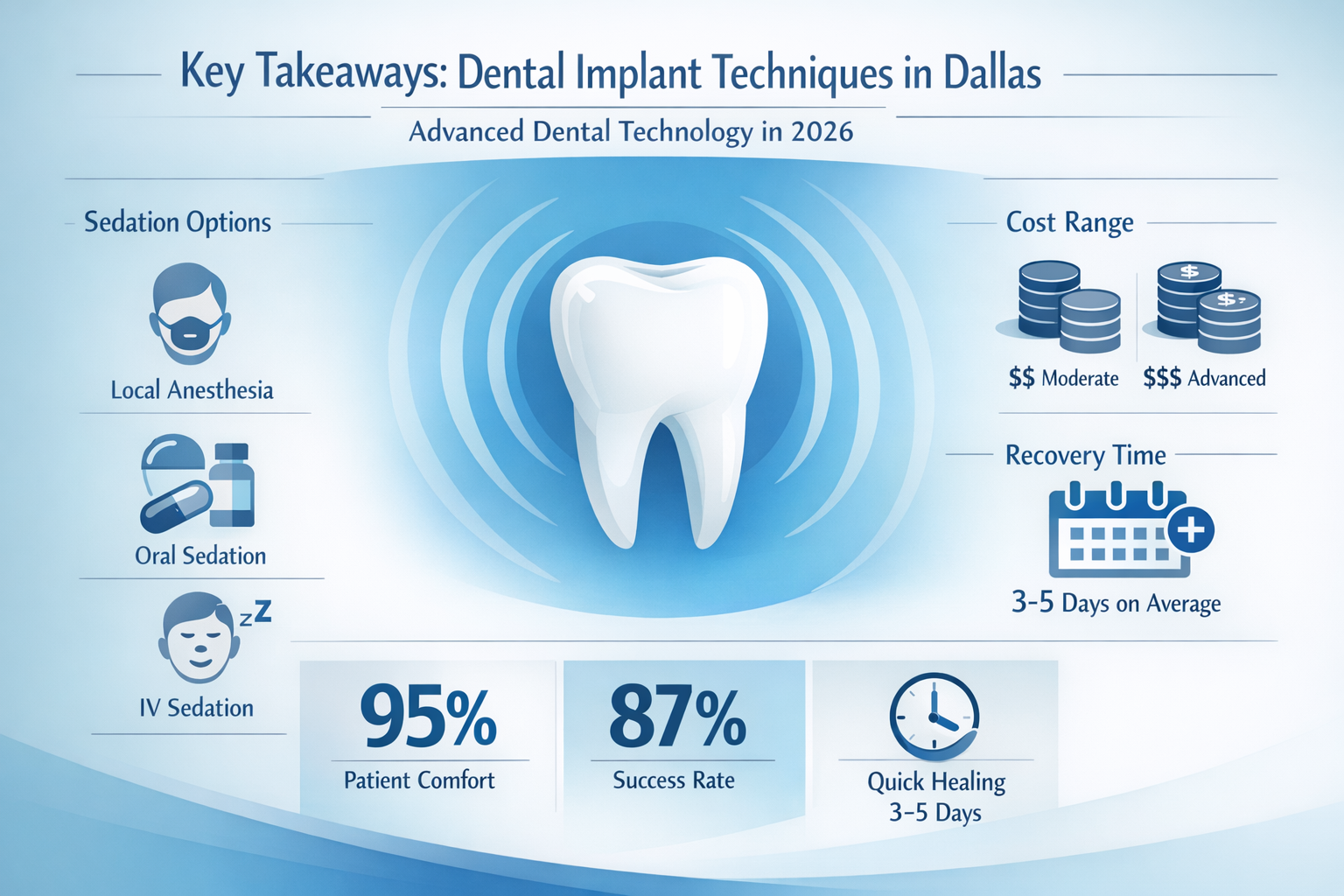 Comprehensive key takeaways infographic for dental implant techniques in Dallas, featuring a clean modern design with minimalist icons repre