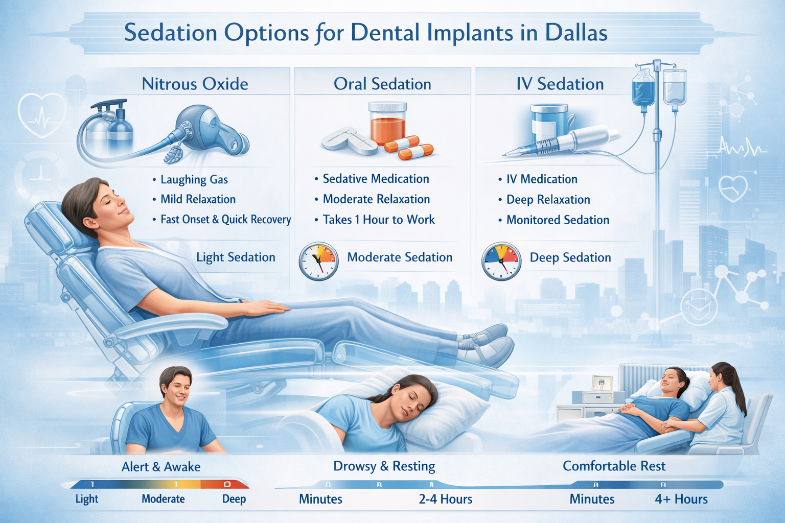 Detailed sedation technique visualization for dental implant procedures in Dallas, showcasing multiple sedation methods: nitrous oxide, oral