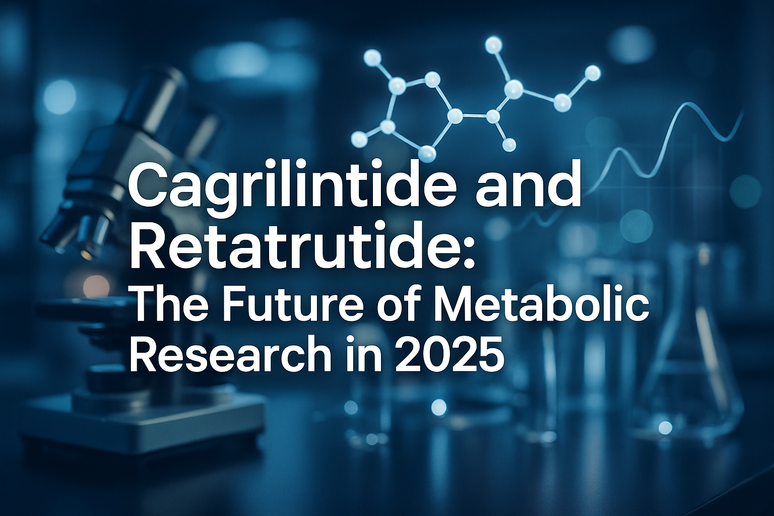 Professional landscape hero image (1536x1024) featuring bold text overlay: 'Cagrilintide and Retatrutide: The Future of Metabolic Research i