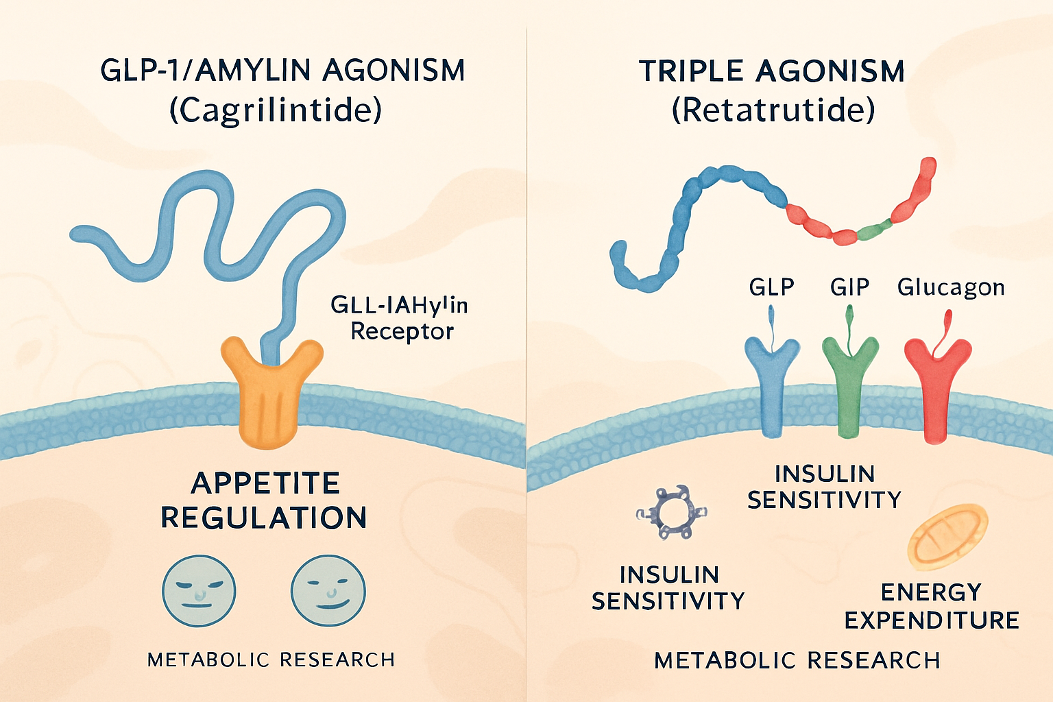 Editorial quality landscape image (1536x1024) illustrating the distinct mechanisms of action for cagrilintide and retatrutide, depicted as s