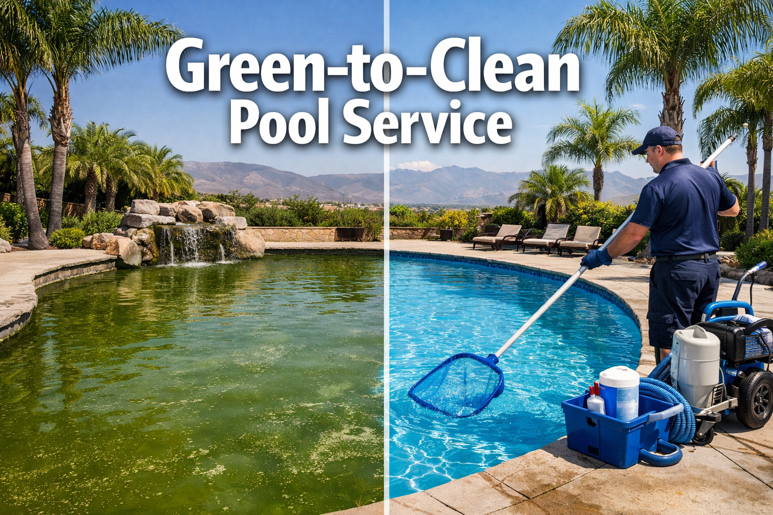 Professional landscape hero image (1536x1024) featuring bold text overlay 'Green-to-Clean Pool Service' in extra large 72pt white sans-serif