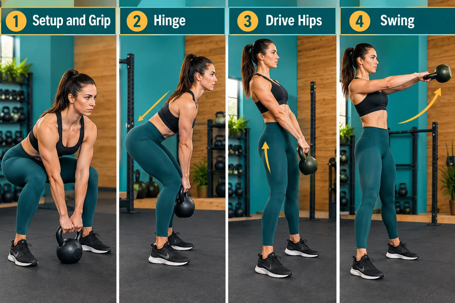 Choosing the Right Kettlebell for Hip Hinge Training Numbered step by step diagram of the kettlebell deadlift and kettlebell swing hip hinge sequence: four side panels showing a athletic woman performing setup and grip, hip hinge with flat back, hip extension drive, and swing to chest height, each panel labeled with a short caption like Setup and Grip, Hinge, Drive Hips, Swing, thin arrows showing movement direction, bright gym lighting, teal and warm wood tones, instructional poster style. Best Kettlebell Brands for Hip Hinge Training