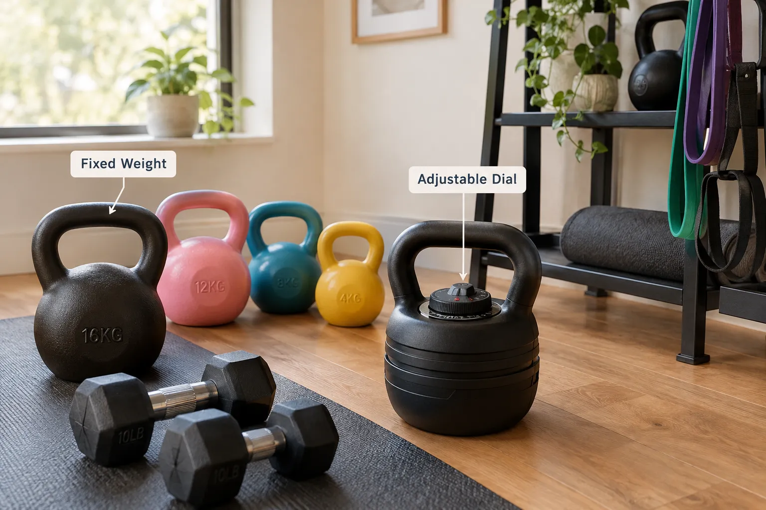 Choosing the Right Kettlebell for Hip Hinge Training Annotated documentary style photograph of a home gym corner with a small collection of kettlebells in different colors and sizes, a dumbbell pair, and a resistance band on a rack, two small callout labels pointing to a cast iron kettlebell reading Fixed Weight and to an adjustable kettlebell reading Adjustable Dial, natural daylight from a nearby window, warm minimalist home fitness aesthetic, shallow depth of field. How Do I Know if My Kettlebell Is Too Heavy