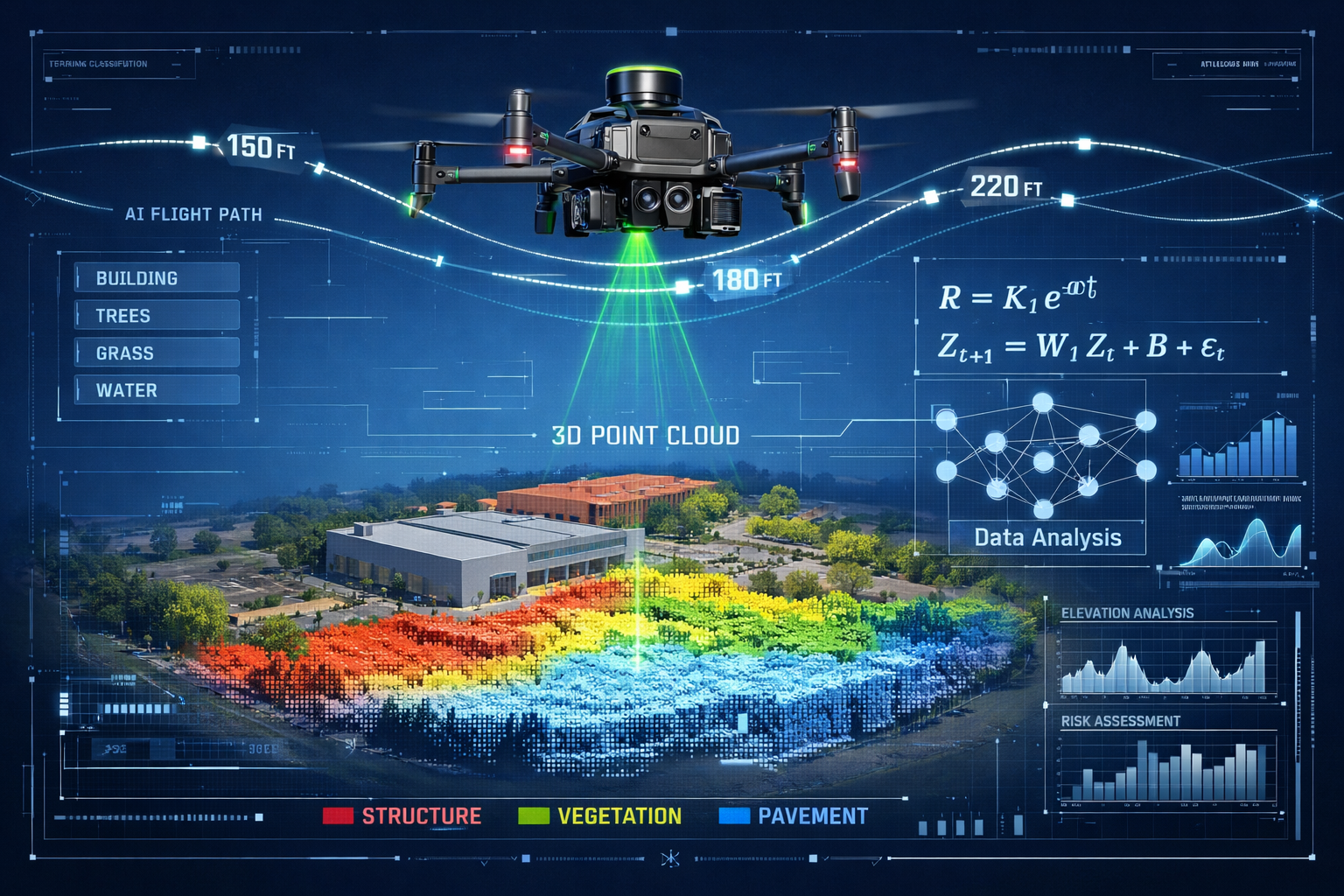 Professional landscape format (1536x1024) technical visualization of autonomous drone surveying system in action, showing quadcopter drone w