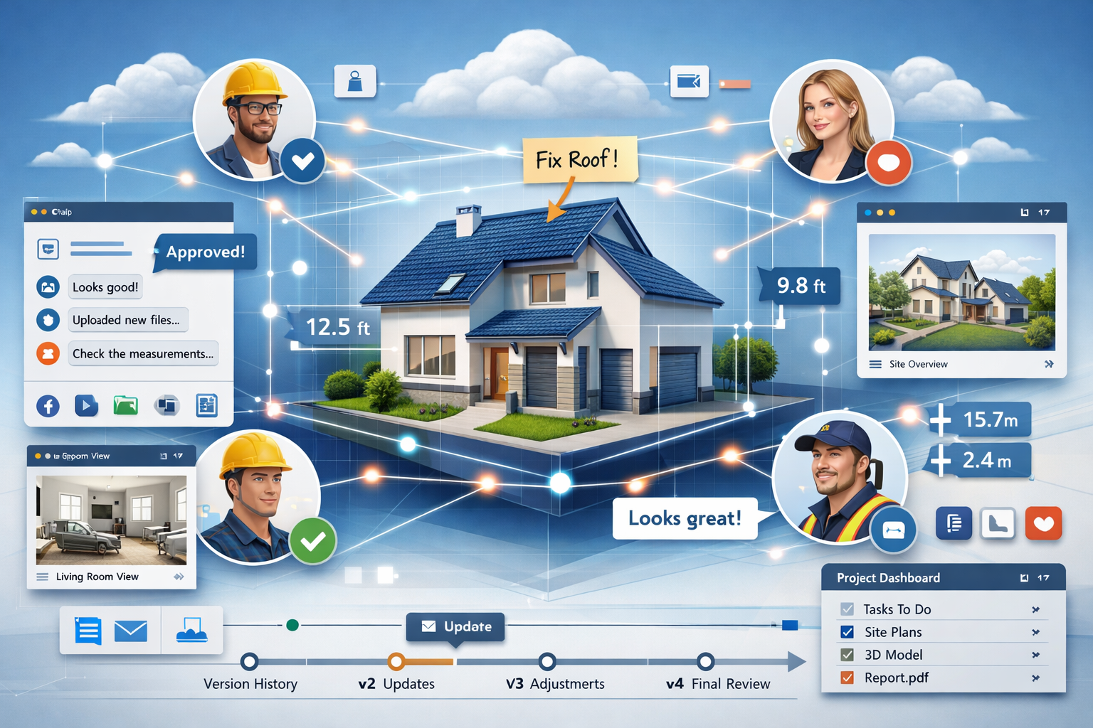 Detailed landscape format (1536x1024) conceptual illustration of cloud-based collaboration platform for property surveying, showing large ce
