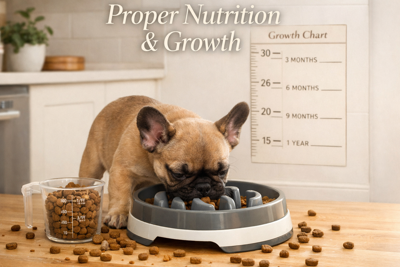 Portrait format (1024x1536) image showing French Bulldog puppy eating from elevated slow-feeder bowl with measuring cup nearby, healthy pupp