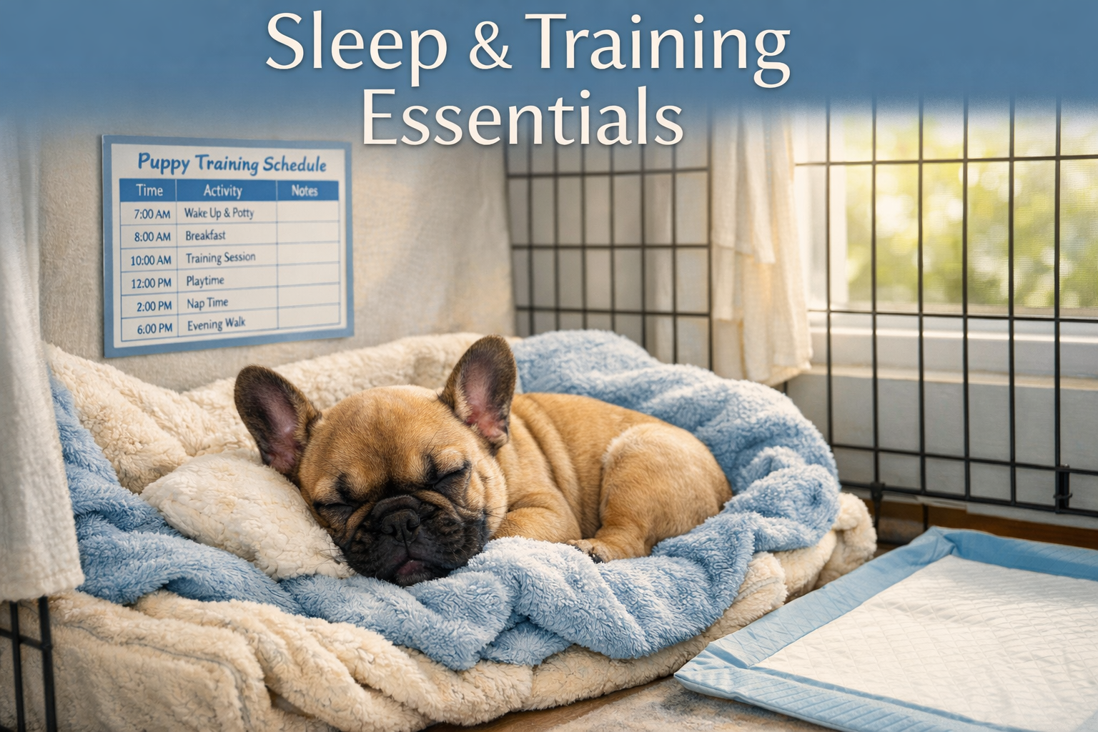 Portrait format (1024x1536) image depicting French Bulldog puppy sleeping peacefully in cozy crate with soft blankets, training schedule cha