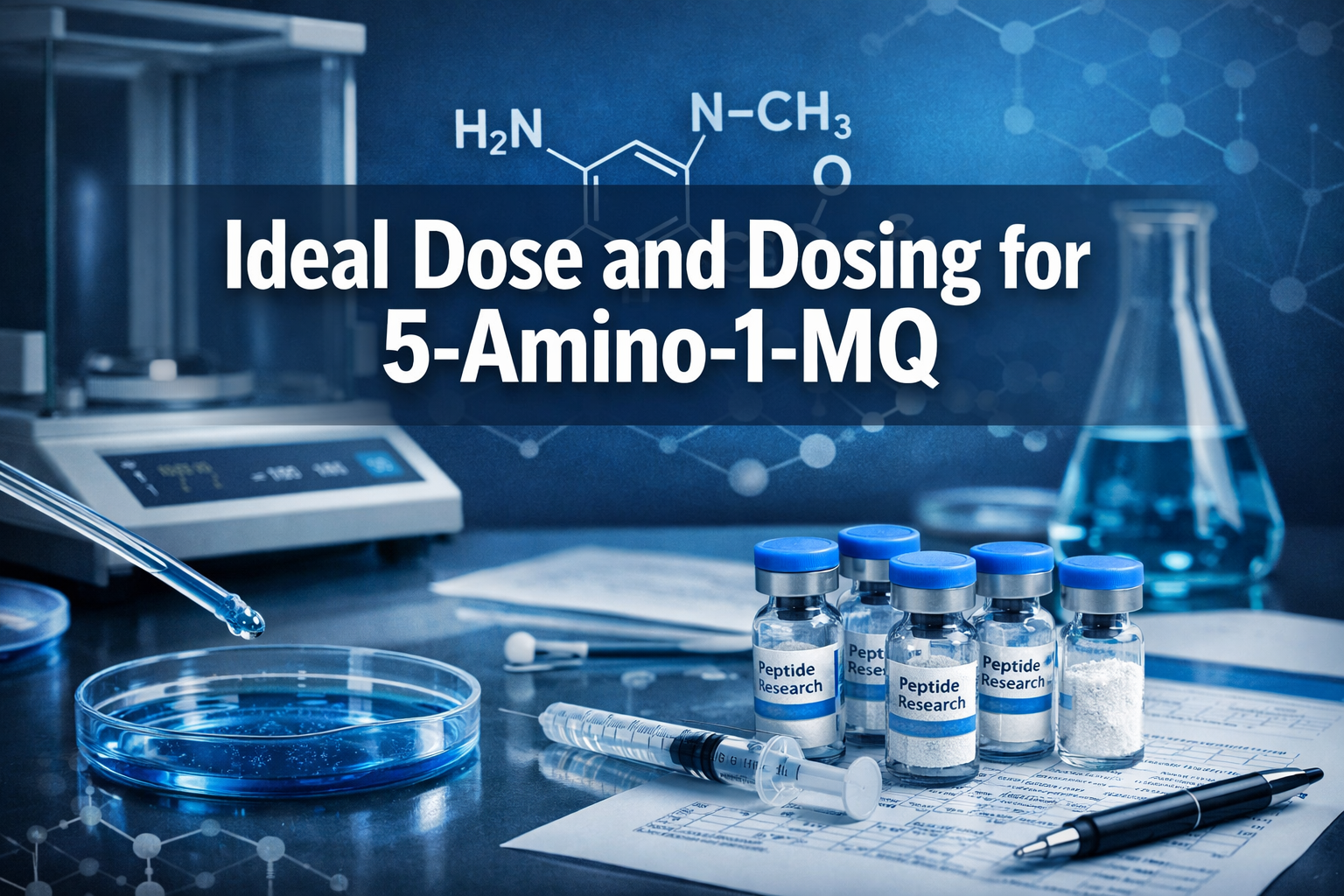 Professional landscape hero image (1536x1024) featuring bold text overlay 'Ideal Dose and Dosing for 5-Amino-1-MQ' in extra large 72pt white