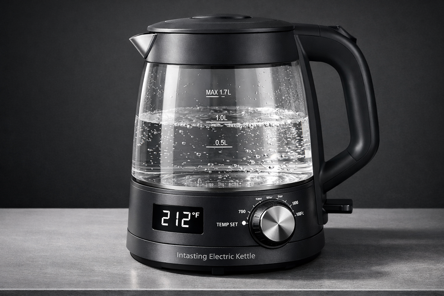 Close-up product showcase of the Intasting Electric Kettle Dark Gray model on a minimalist kitchen counter — highlighting the analog knob temperature control dial, digital display readout, and borosilicate glass body with visible water level. Product name 'Intasting Electric Kettle' subtly visible on the base. Sharp studio lighting, dark gray background.