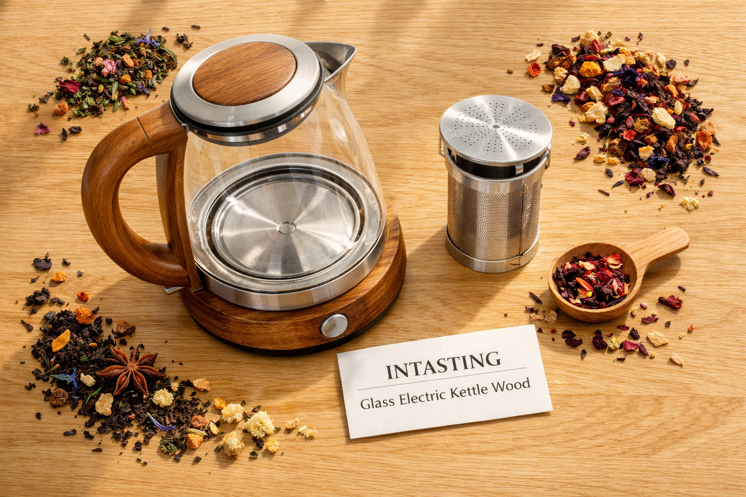 Flat-lay overhead product showcase of the INTASTING Glass Electric Kettle Wood Edition — featuring the warm wood-accented handle and base against a light oak surface, tea infuser basket removed and placed beside the kettle, loose-leaf tea scattered artfully around it. Product name 'INTASTING Glass Electric Kettle Wood' on a small card prop. Warm natural daylight, lifestyle photography style.