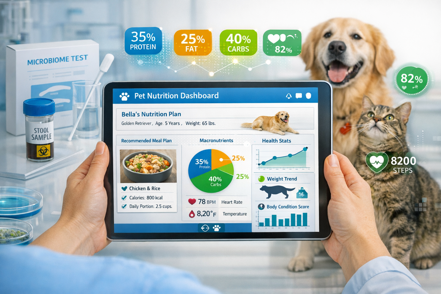 Detailed landscape format (1536x1024) image showing modern AI-powered pet nutrition analysis in action. Central focus on tablet screen displ