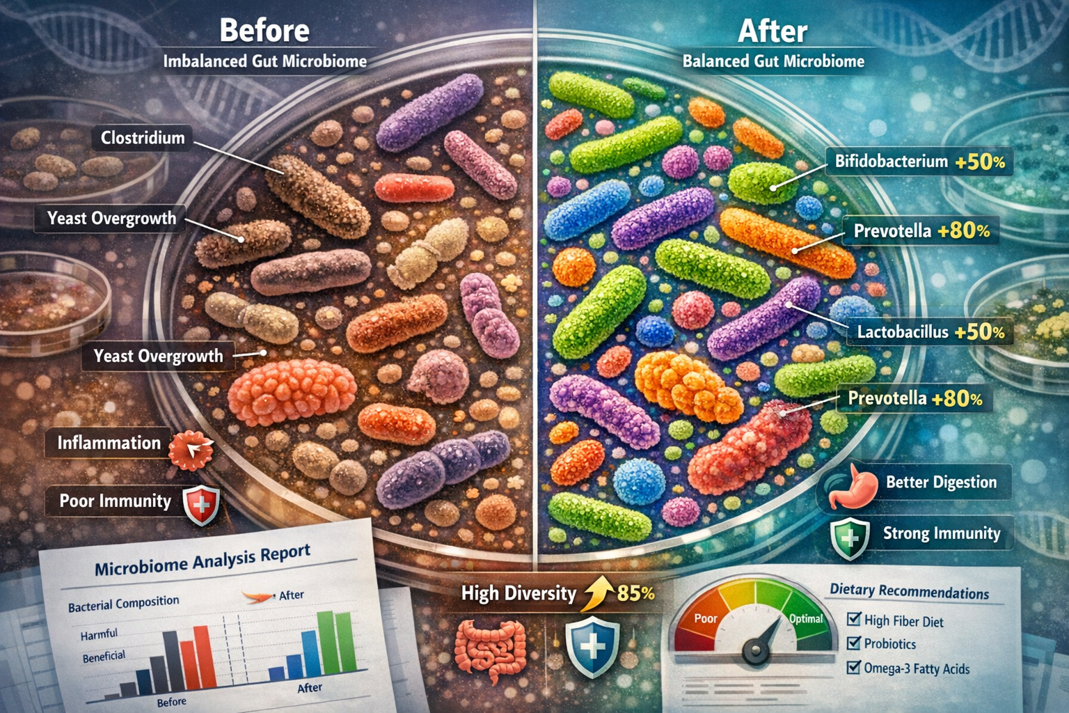 Detailed landscape format (1536x1024) scientific visualization of canine gut microbiome analysis results. Main focus shows magnified view of