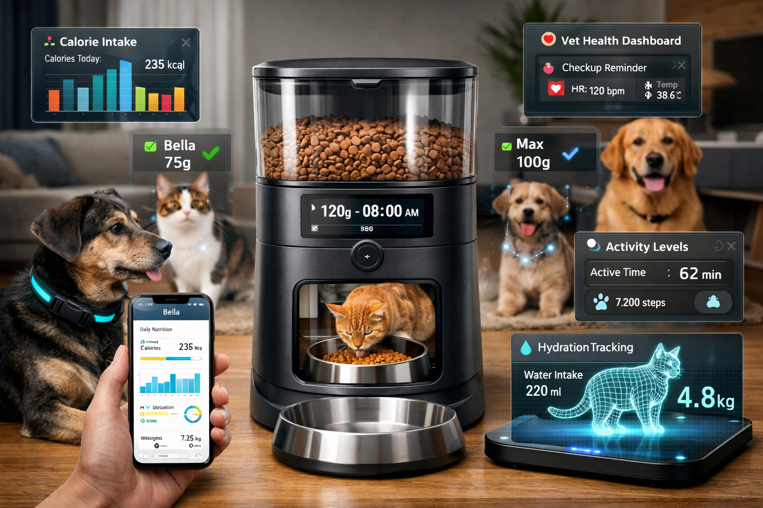 Detailed landscape format (1536x1024) image showcasing smart feeding technology ecosystem for personalized pet nutrition. Central element is