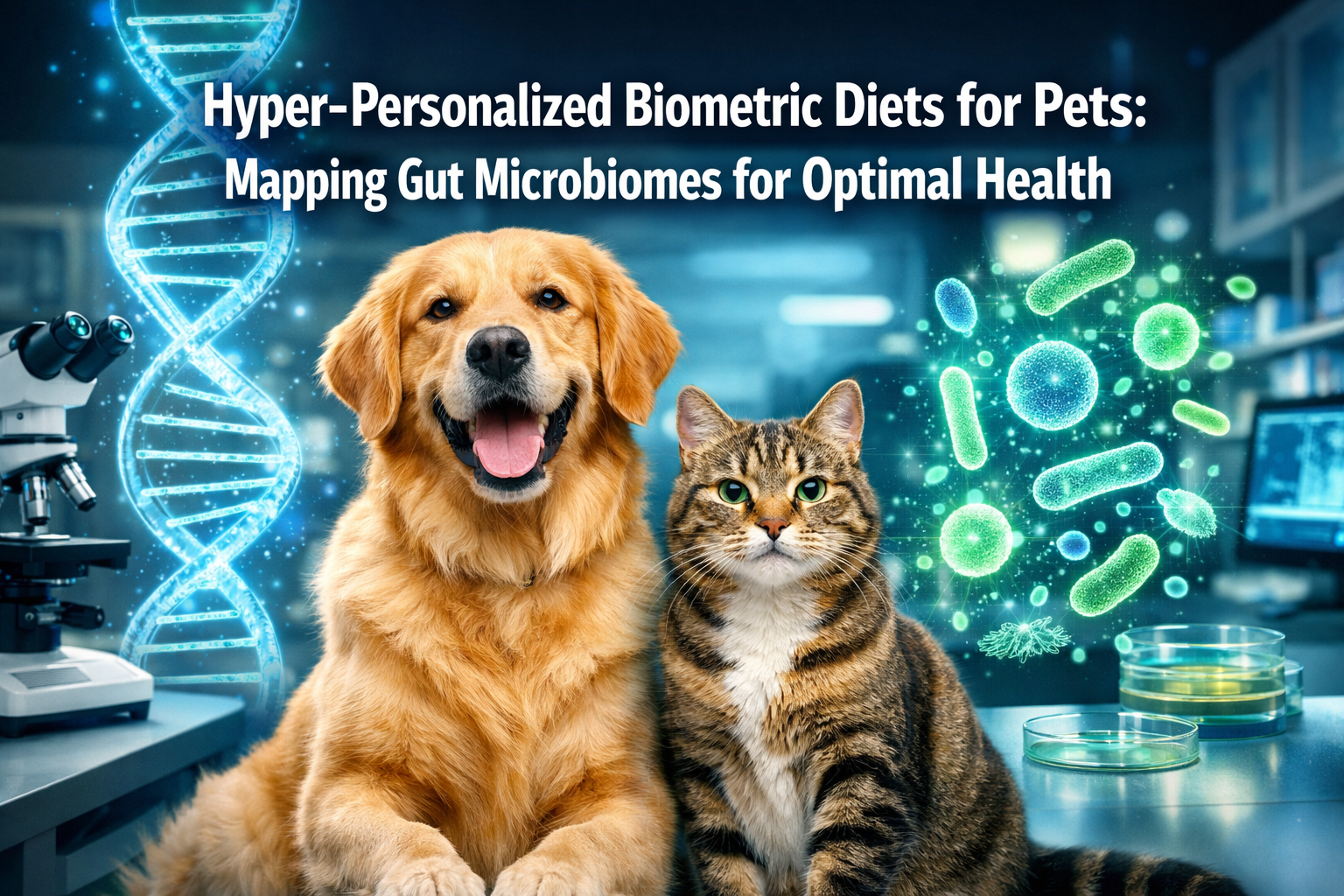 Professional landscape format (1536x1024) hero image featuring bold text overlay 'Hyper-Personalized Biometric Diets for Pets: Mapping Gut M