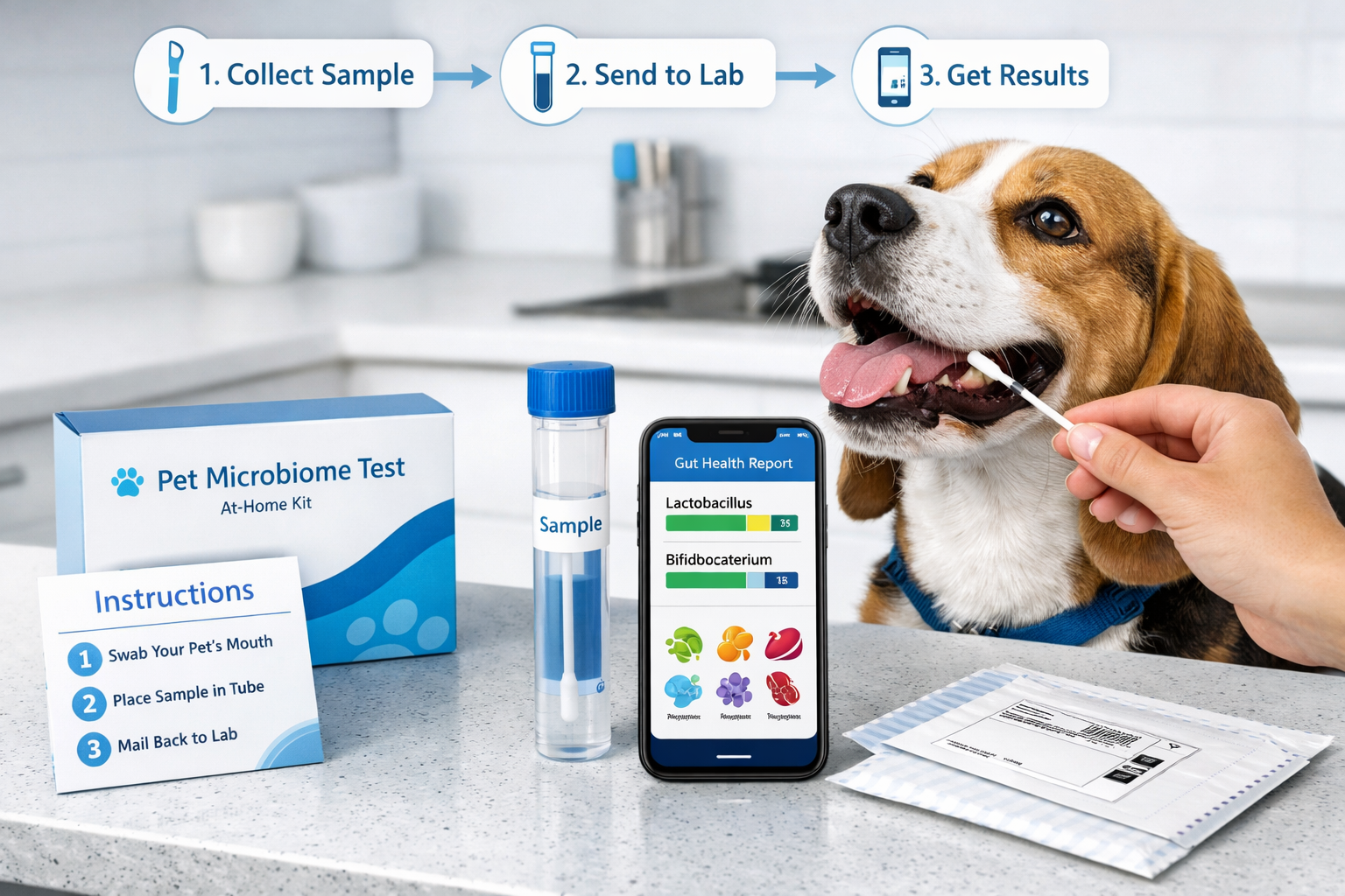 Detailed landscape format (1536x1024) image showing close-up of at-home pet microbiome testing kit on modern kitchen counter, cotton swab co