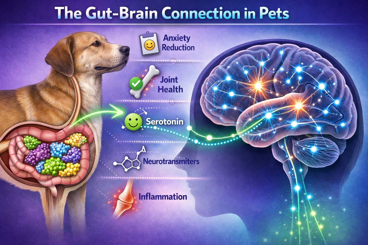Professional landscape format (1536x1024) illustration depicting the gut-brain connection in pets, split-screen composition showing dog's di