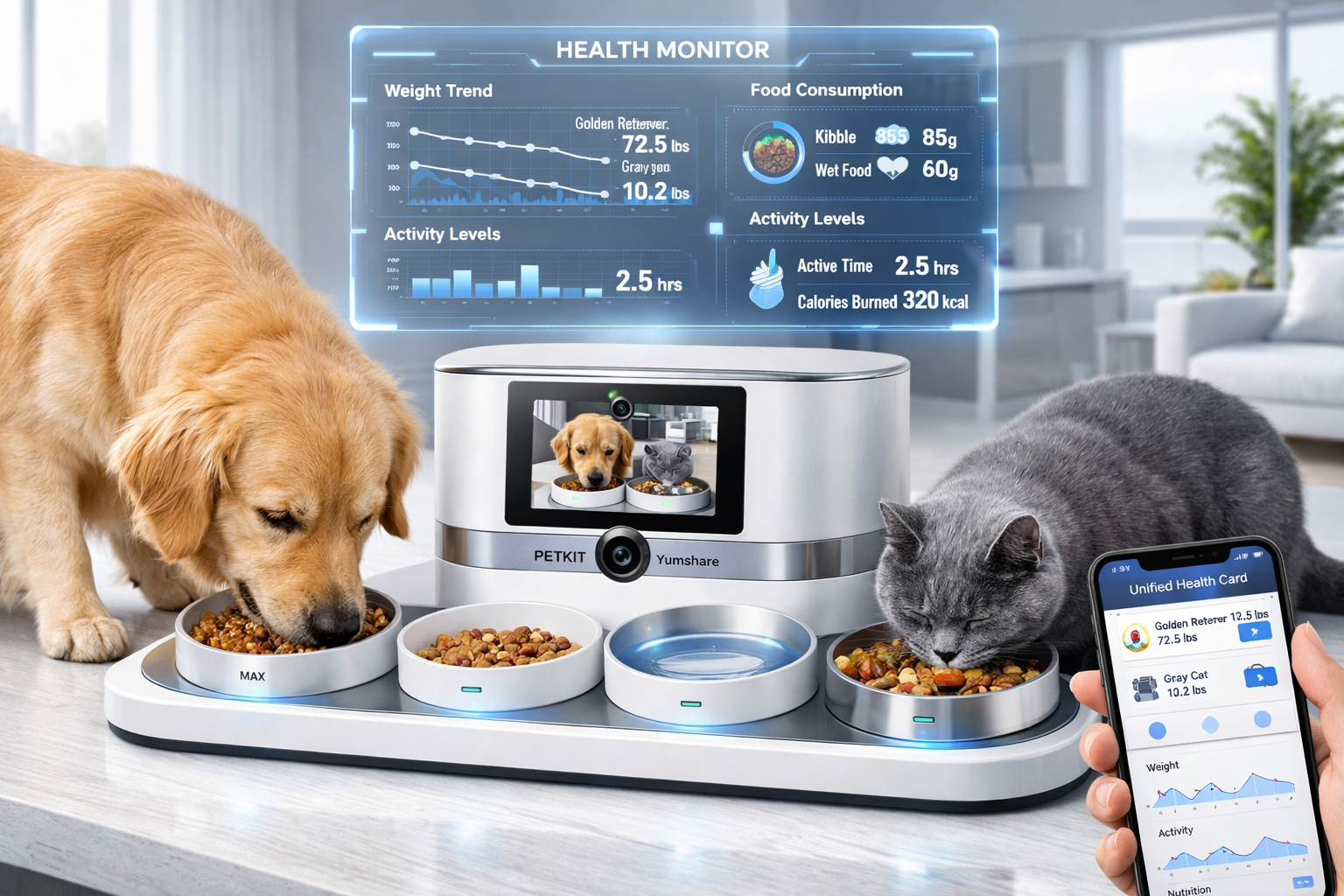 Futuristic landscape format (1536x1024) image of AI-powered smart pet feeding station in modern home, PETKIT Yumshare feeder with integrated